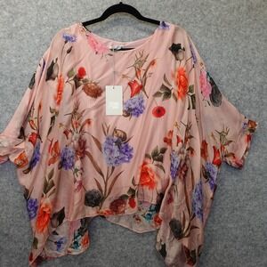 Italian Silk Top Womens S Pink ELENA BALDI Rose Blush Overlay Batwing Whimsy NEW